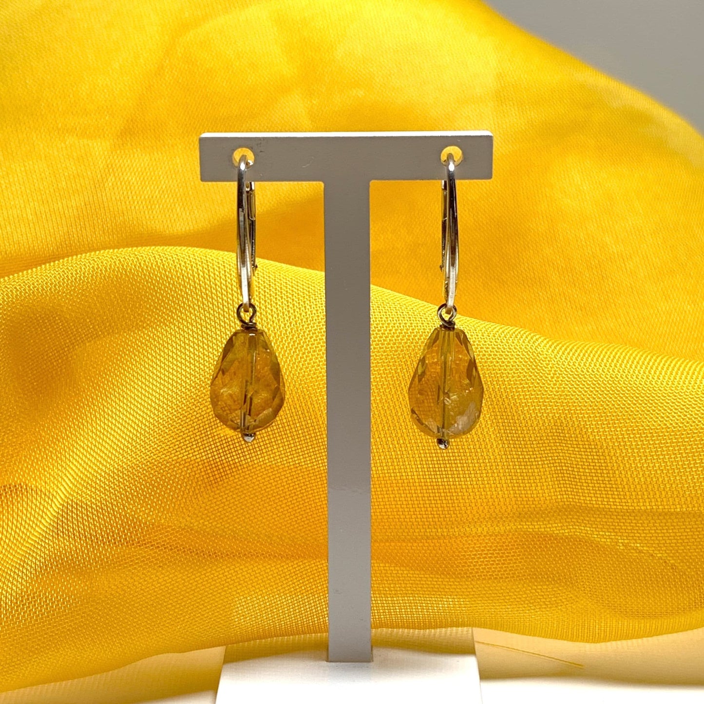 Citrine tellow teardrop shaped sterling silver drop earrings