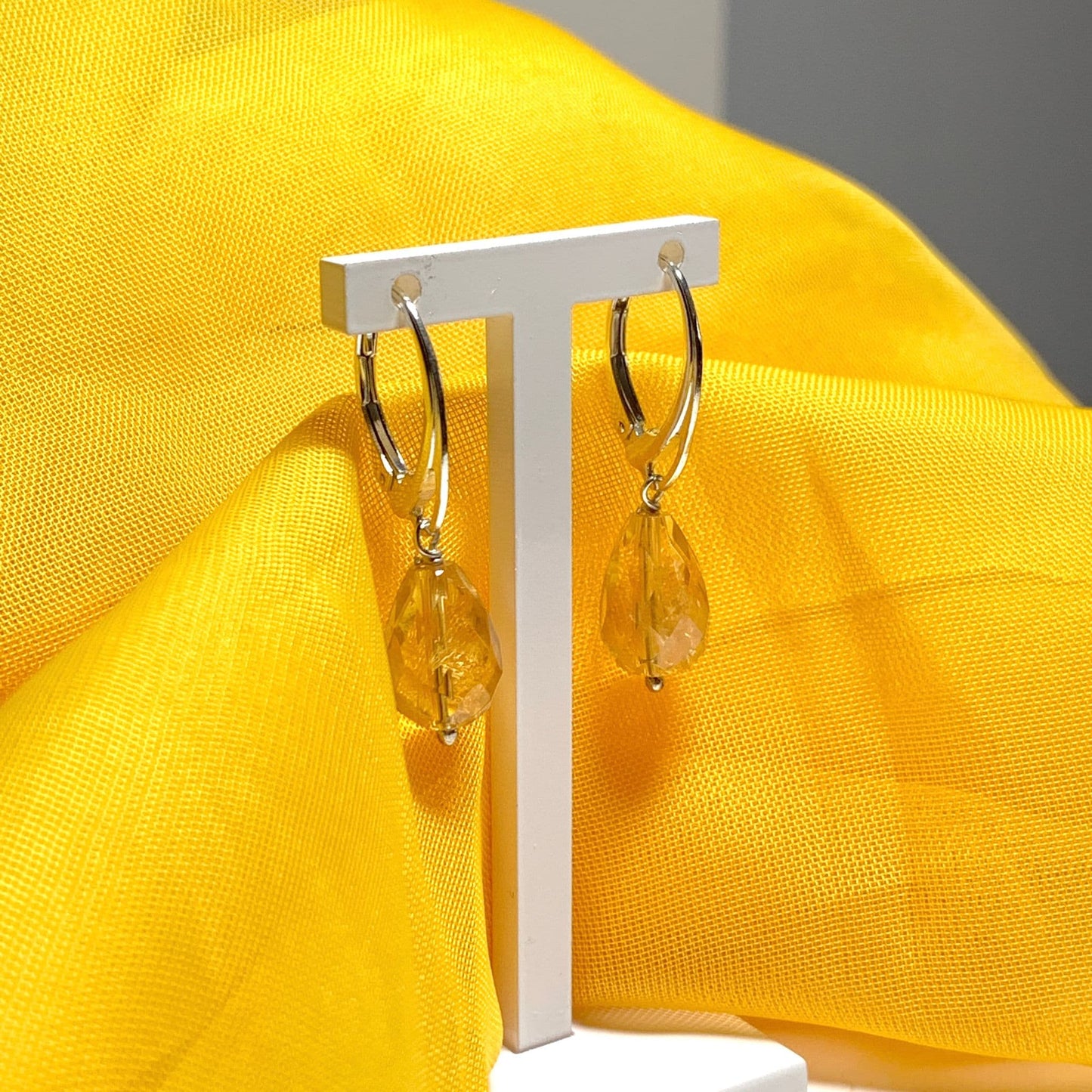 Citrine tellow teardrop shaped sterling silver drop earrings