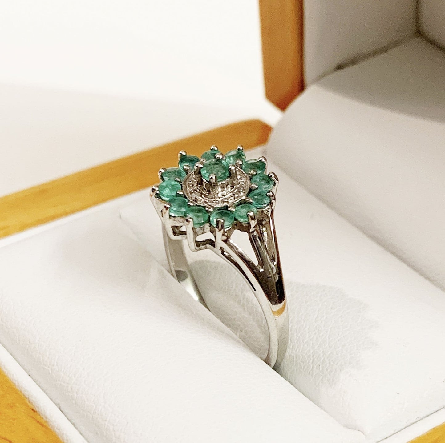 Round Emerald And Diamond Sterling Silver Green Cluster Ring