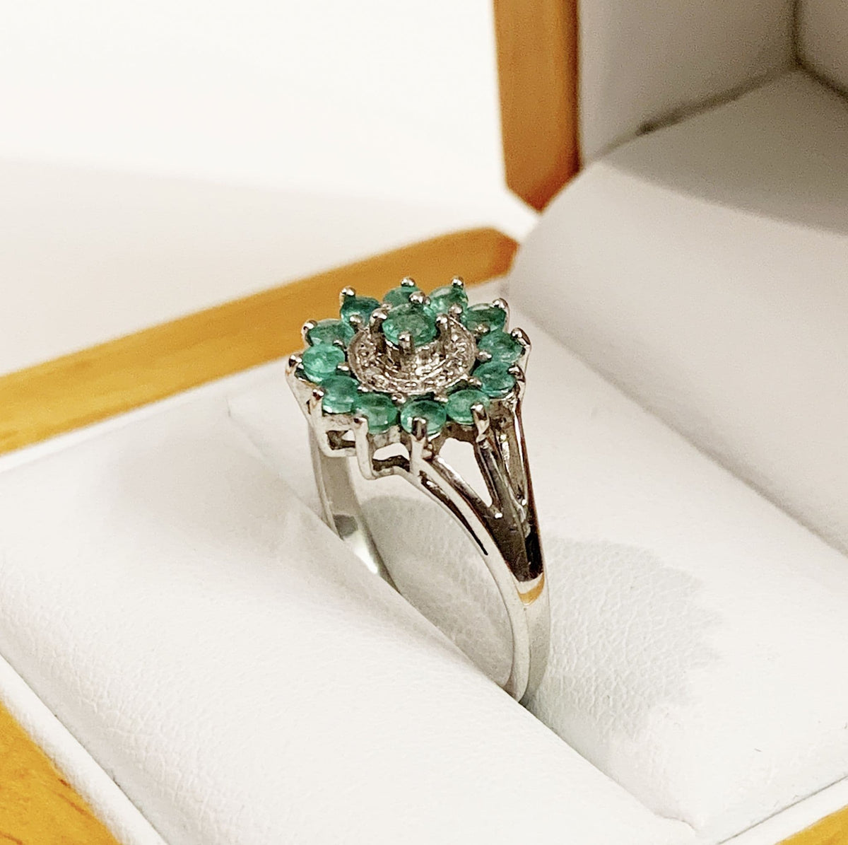 Round Emerald And Diamond Sterling Silver Green Cluster Ring