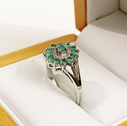Round Emerald And Diamond Sterling Silver Green Cluster Ring