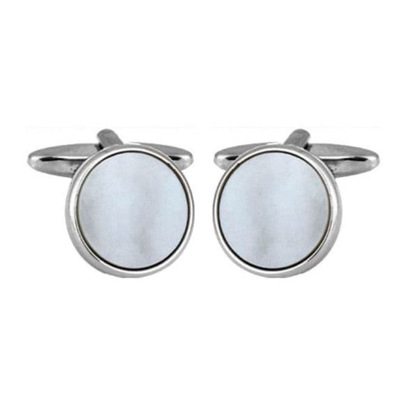 Cufflinks round white mother of pearl chrome plated