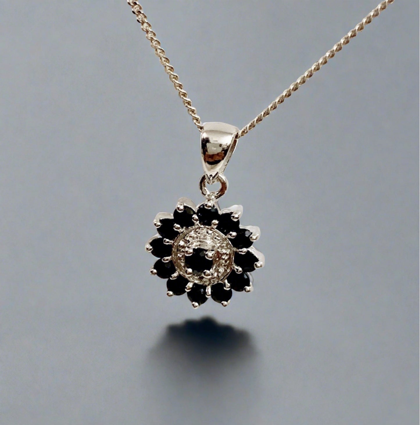Dark Blue Round Sapphire And Diamond Sterling Silver Necklace Pendant