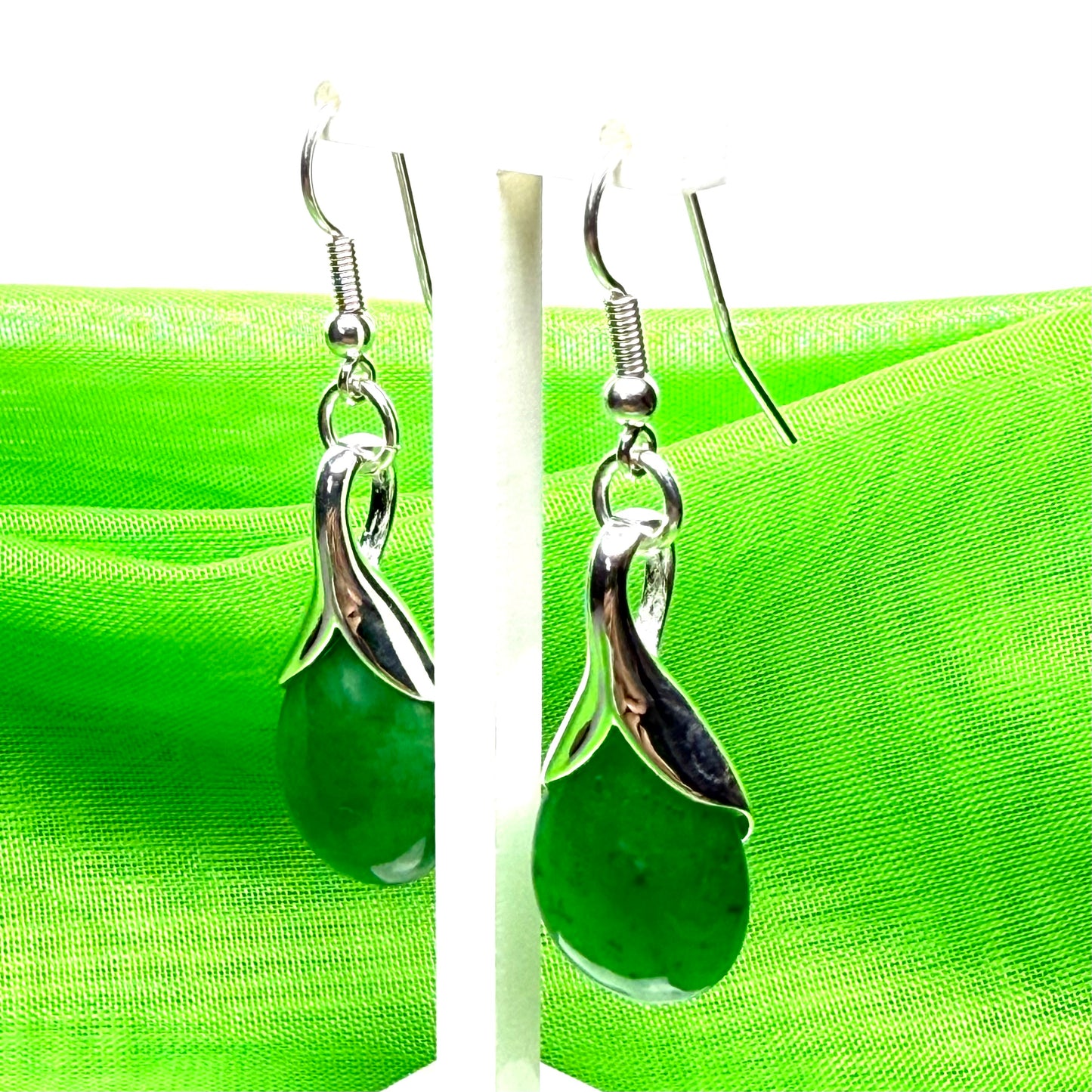 dark green real jade teardrop pear shaped drop earrings within sterling silver