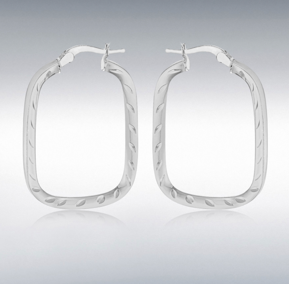Diamond Cut Fancy Patterned Sterling Silver Square Hoop Earrings 36 mm