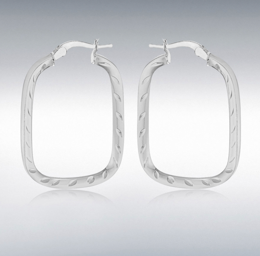 Diamond Cut Fancy Patterned Sterling Silver Square Hoop Earrings 36 mm 