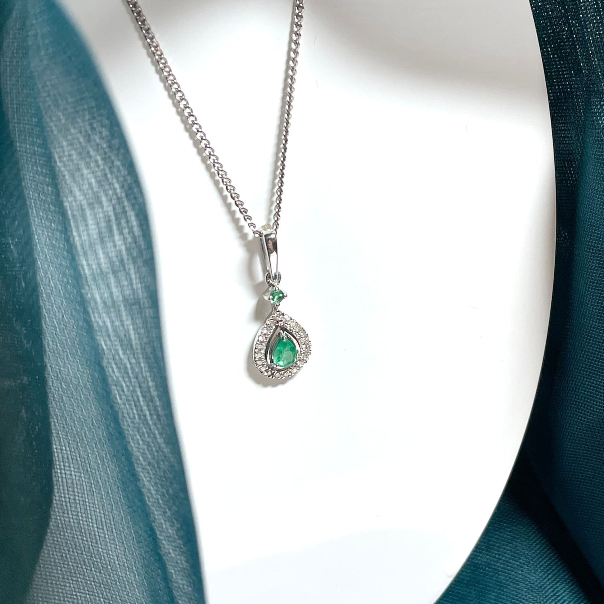 Emerald And Diamond White Gold Teardrop Cluster Necklace