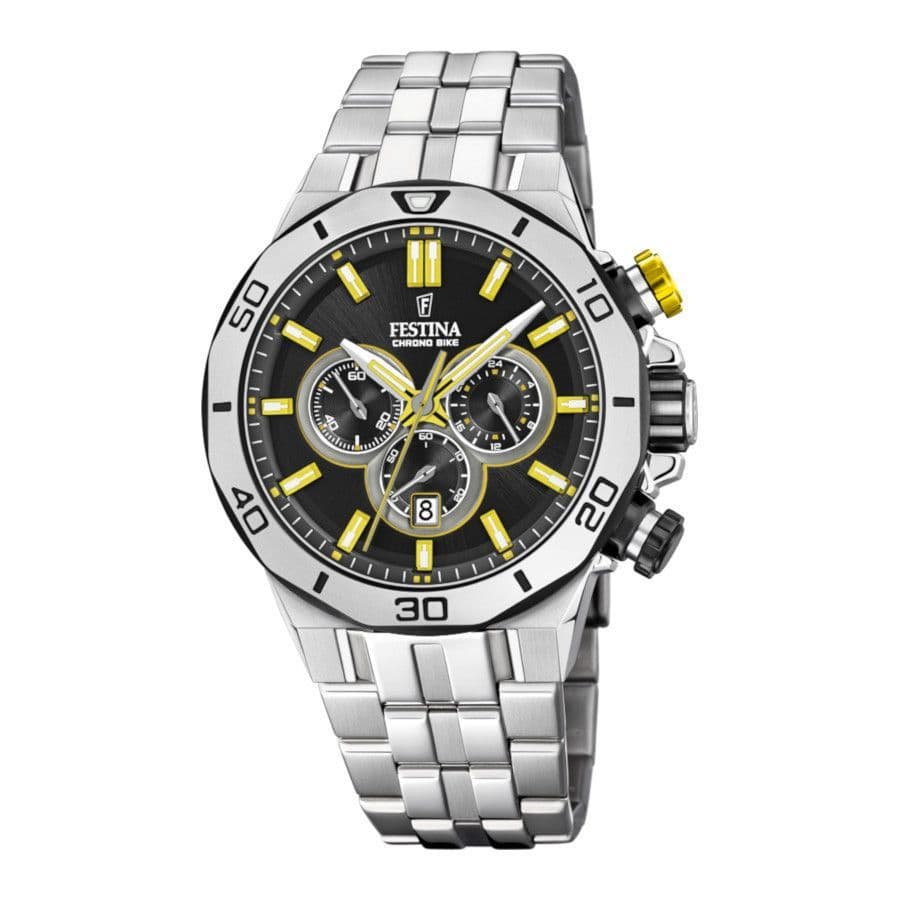 F20448/8 Festina Round Yellow And Black Chrono Bike Men's Gents Stainless Steel Bracelet Watch
