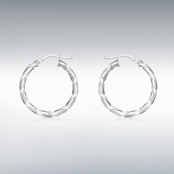 Fancy twisted polished patterned white gold hoop earrings 25 mm