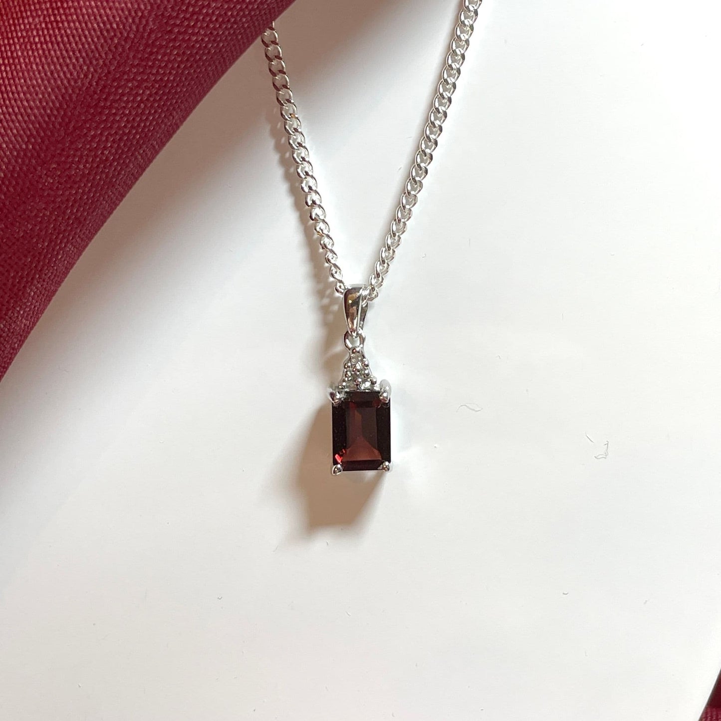 Garnet and diamond sterling silver baguette necklace