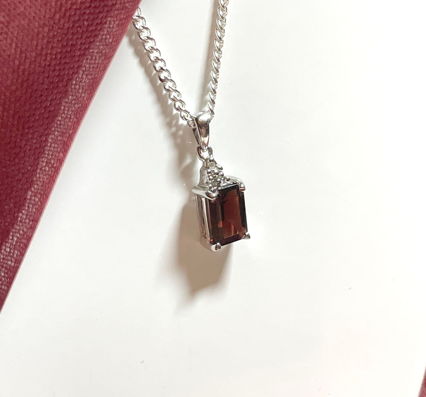 Garnet and diamond sterling silver baguette necklace