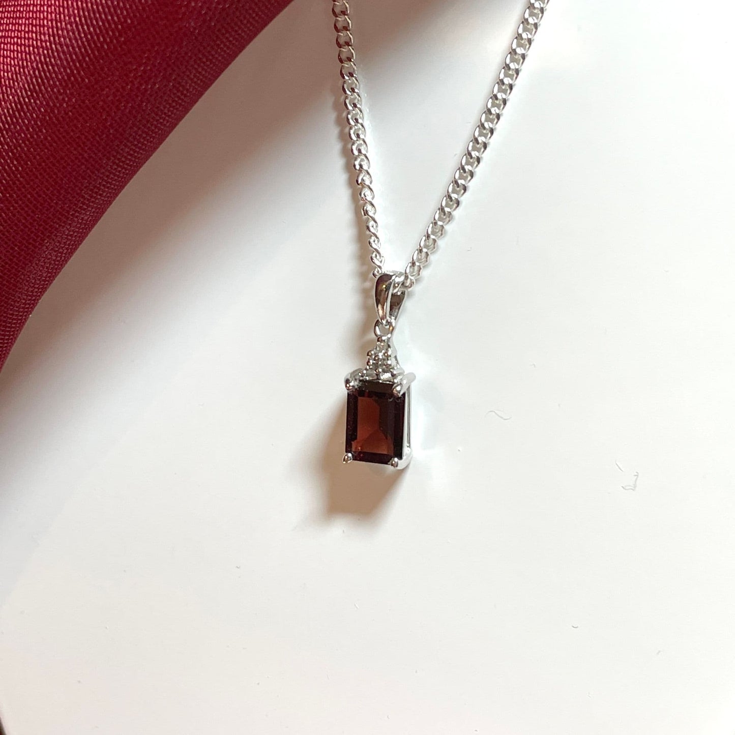 Garnet and diamond sterling silver baguette necklace