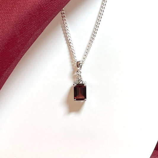 Garnet and diamond sterling silver baguette necklace