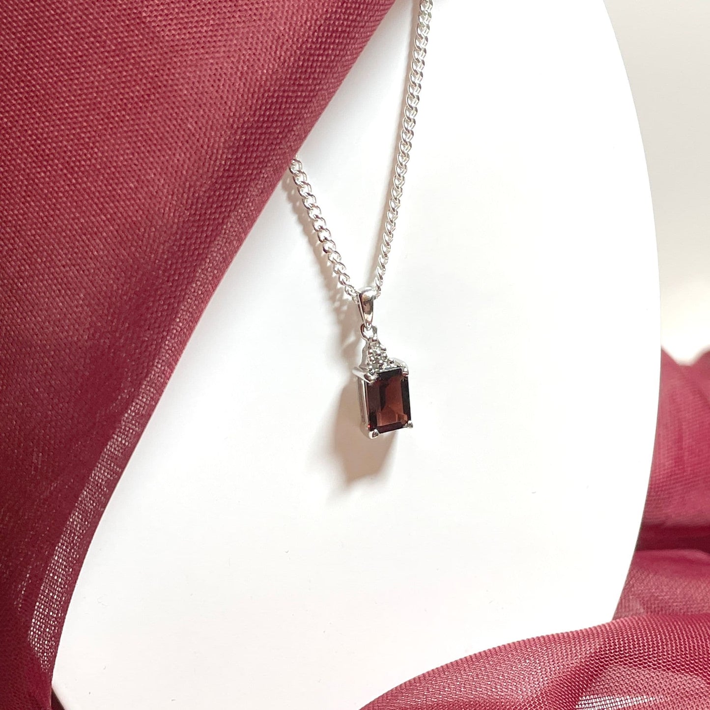 Garnet and diamond sterling silver baguette necklace