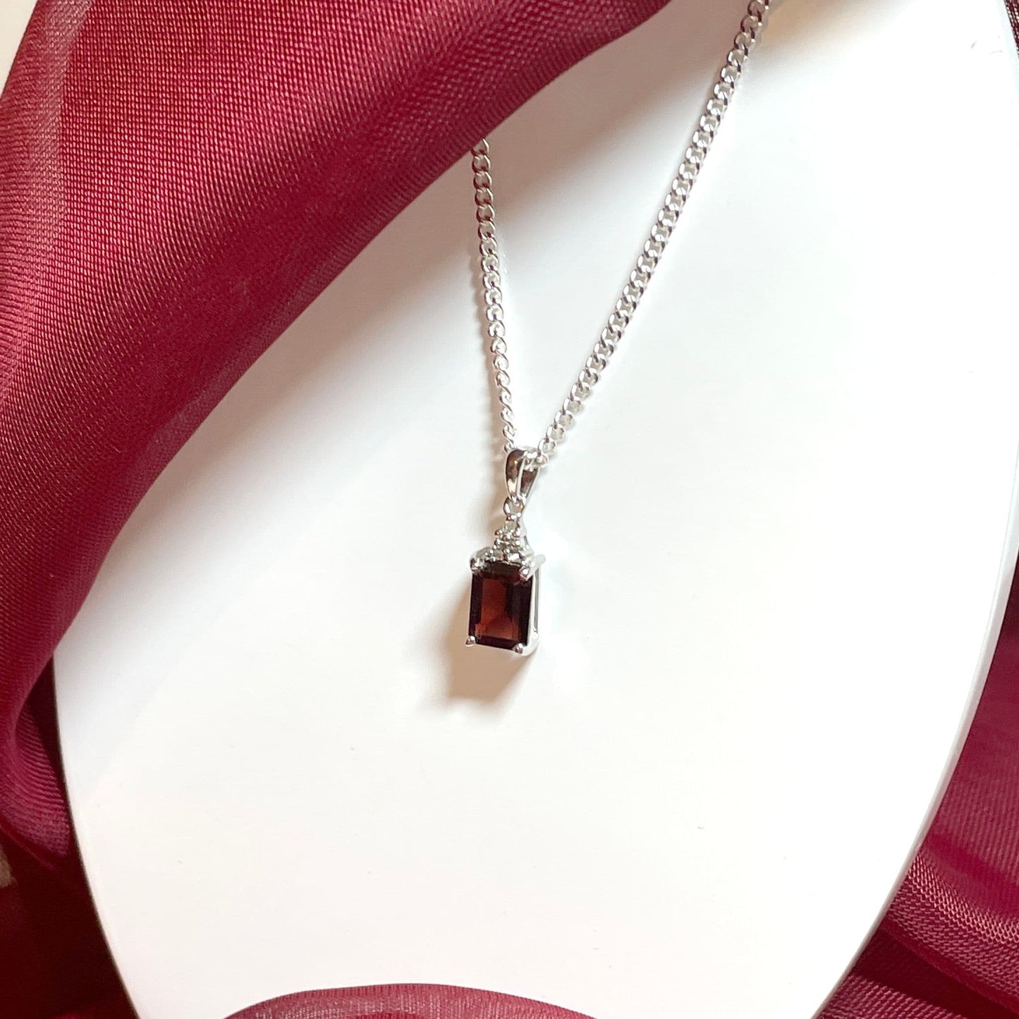 Garnet and diamond sterling silver baguette necklace