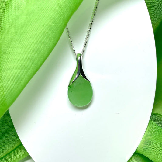 Real green jade tear drop sterling silver pear shaped pendant