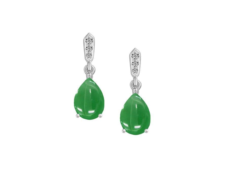 Green pear teardrop real jade and diamond white gold drop earrings