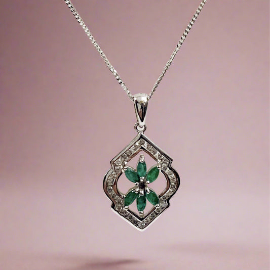 Green Emerald And Diamond White Gold Fancy Cluster Necklace