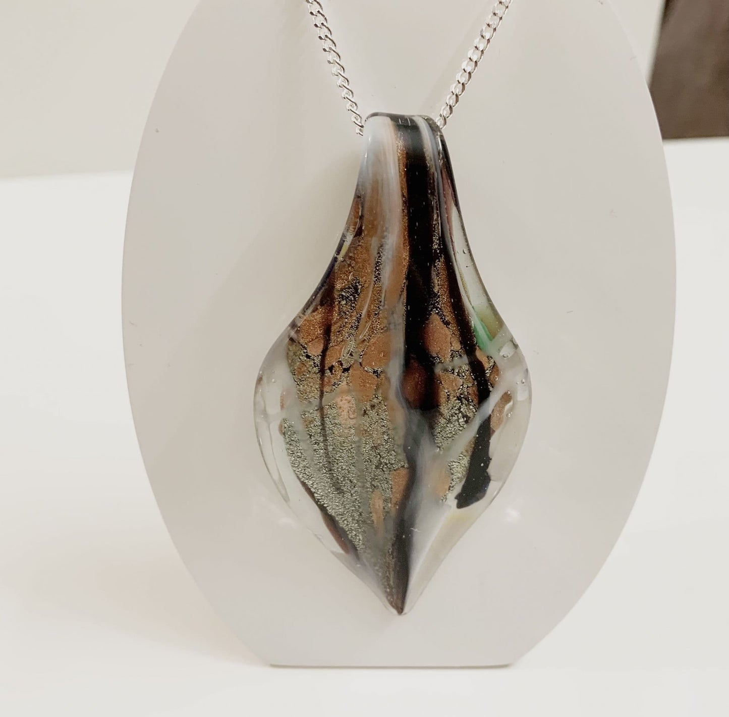 Grey Black & Copper Tone Murano Glass Leaf Necklace