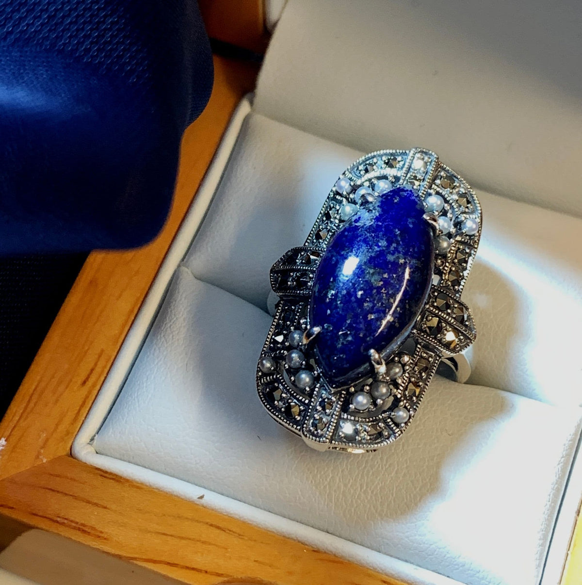 Large oval with blue marquise lapis lazuli sterling silver ladies cocktail dress ring