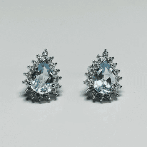 Large pear shaped blue topaz and diamond sterling silver cluster stud earrings