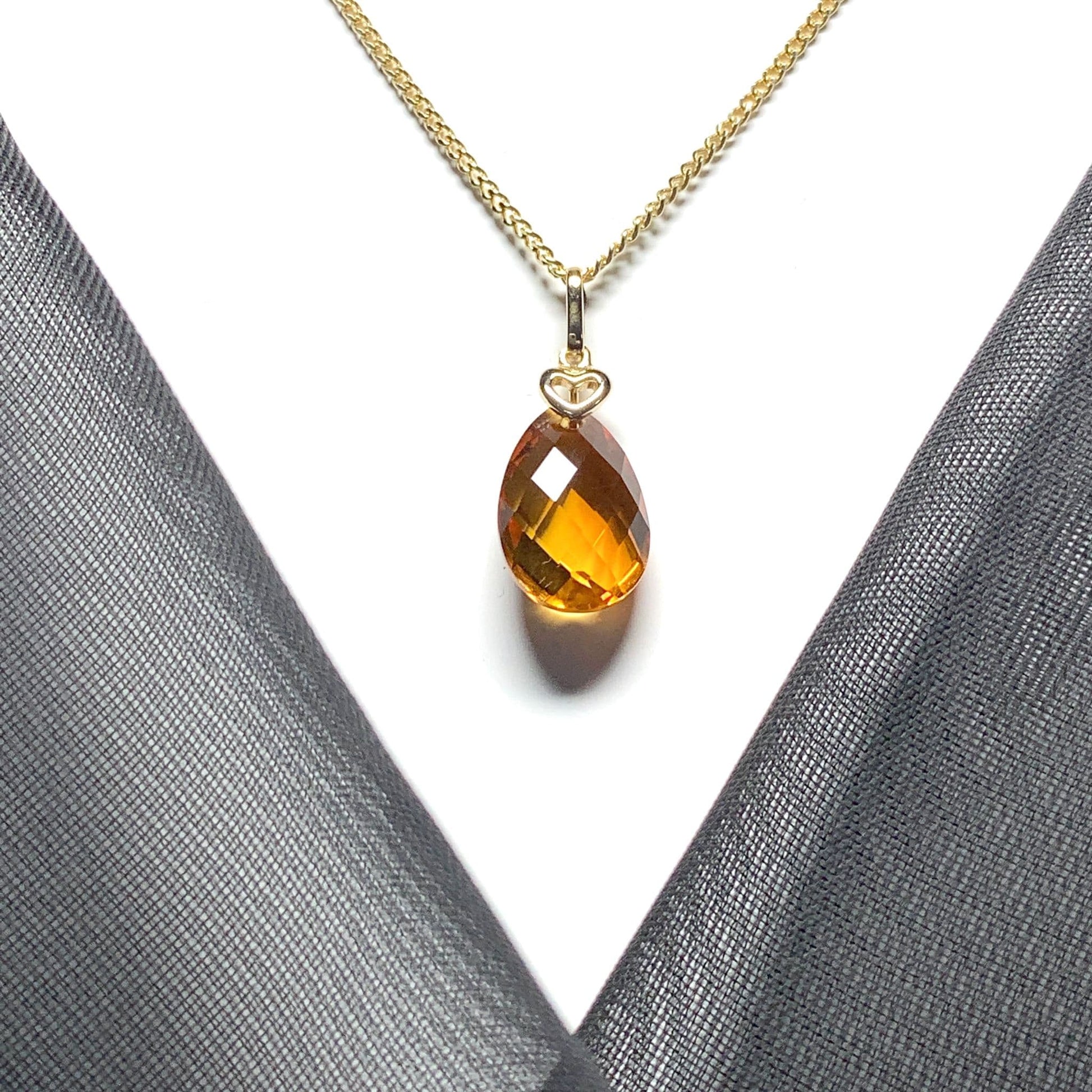 Large pear shaped yellow citrine gold necklace with gold heart