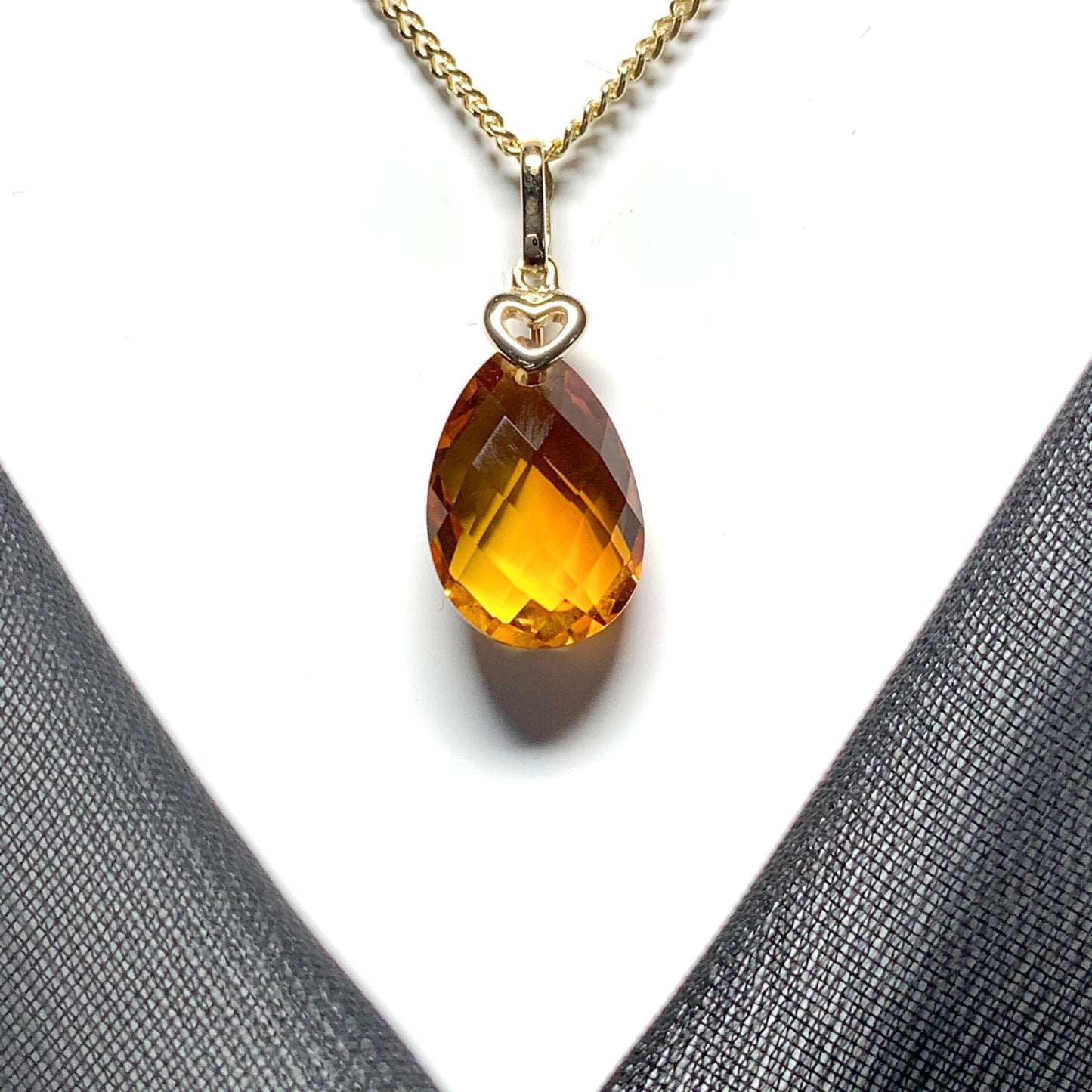 Large pear shaped yellow citrine gold necklace with gold heart