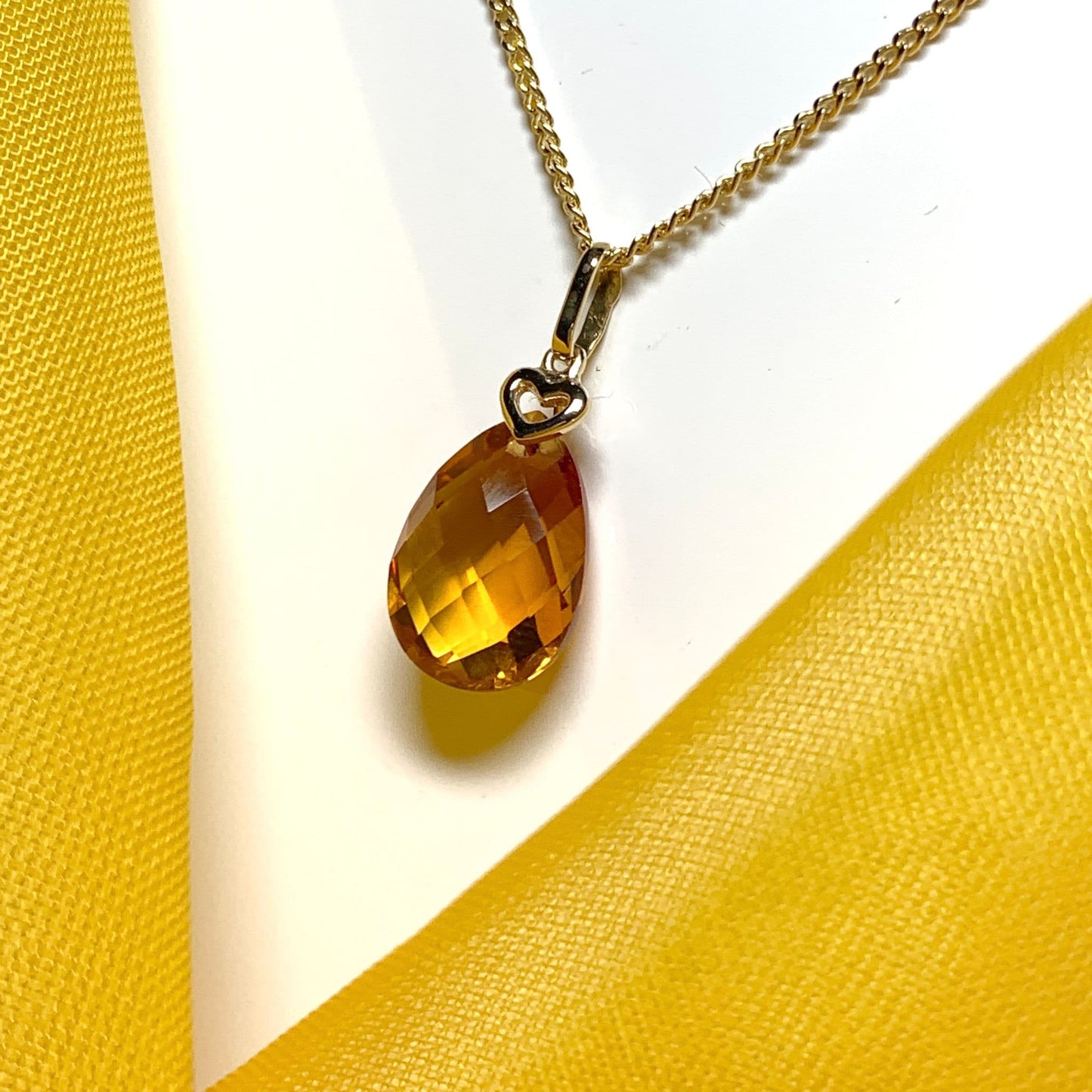 Large pear shaped yellow citrine gold necklace with gold heart