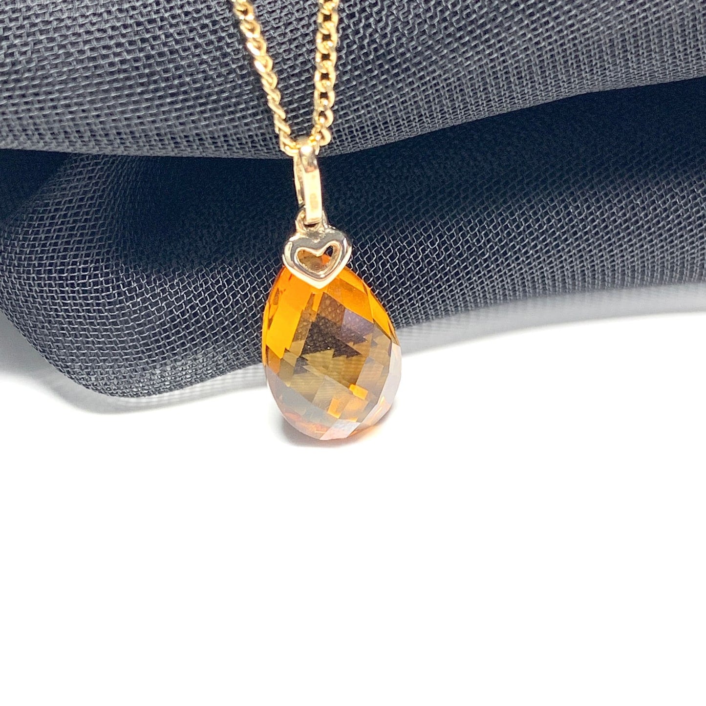 Large pear shaped yellow citrine gold necklace with gold heart