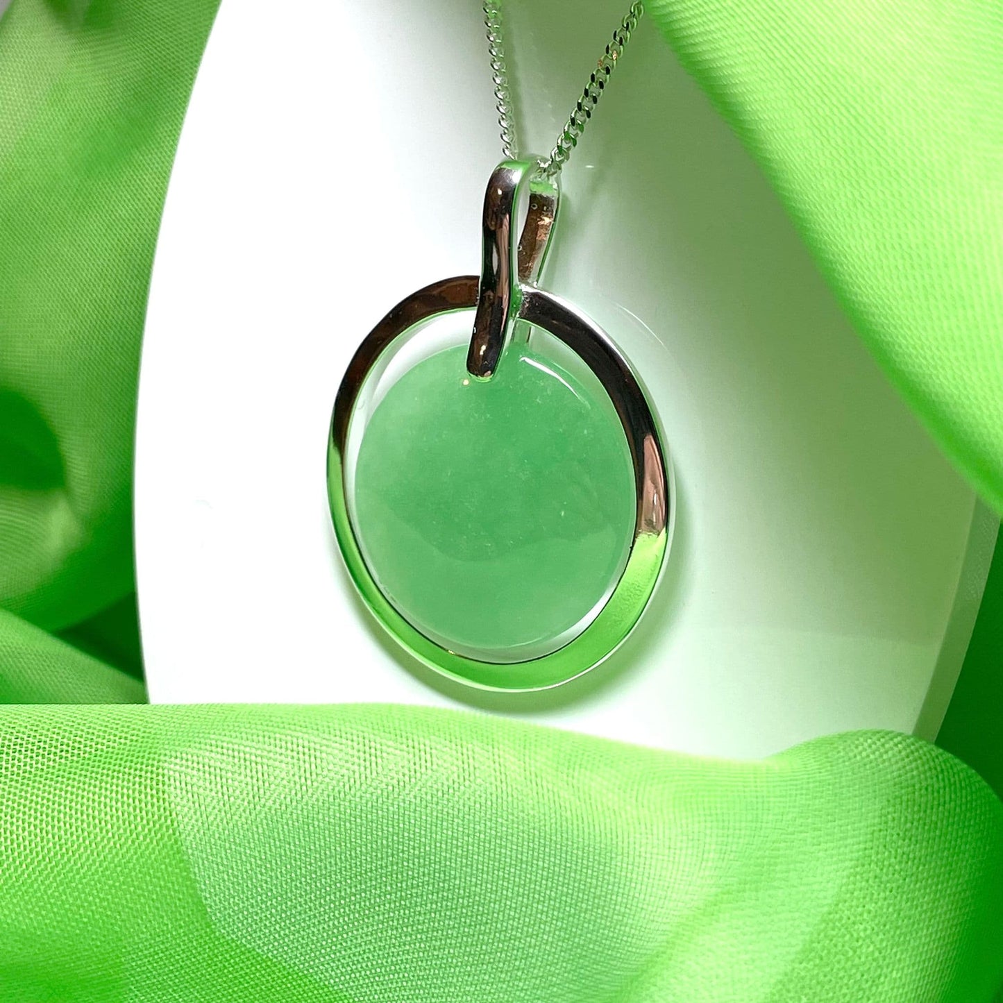 Large Sterling Silver Round Shaped Green Real Jade Necklace