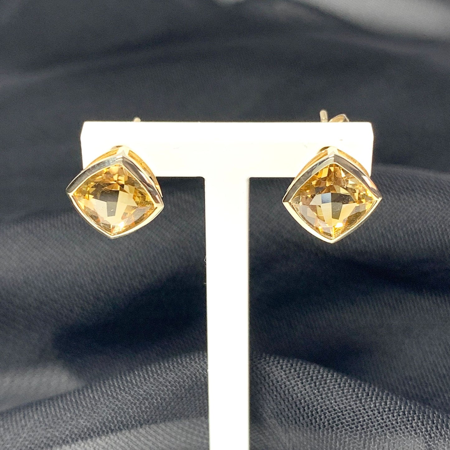 Large square cushion yellow citrine gold earrings