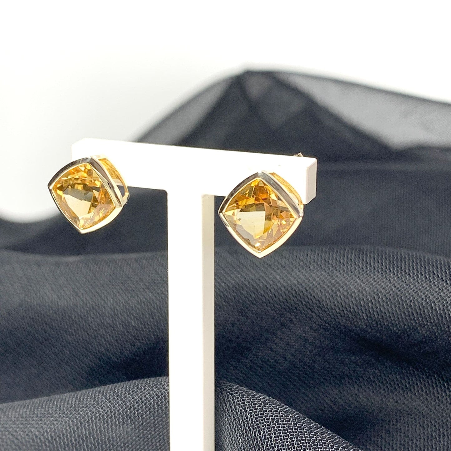 Large square cushion yellow citrine gold earrings