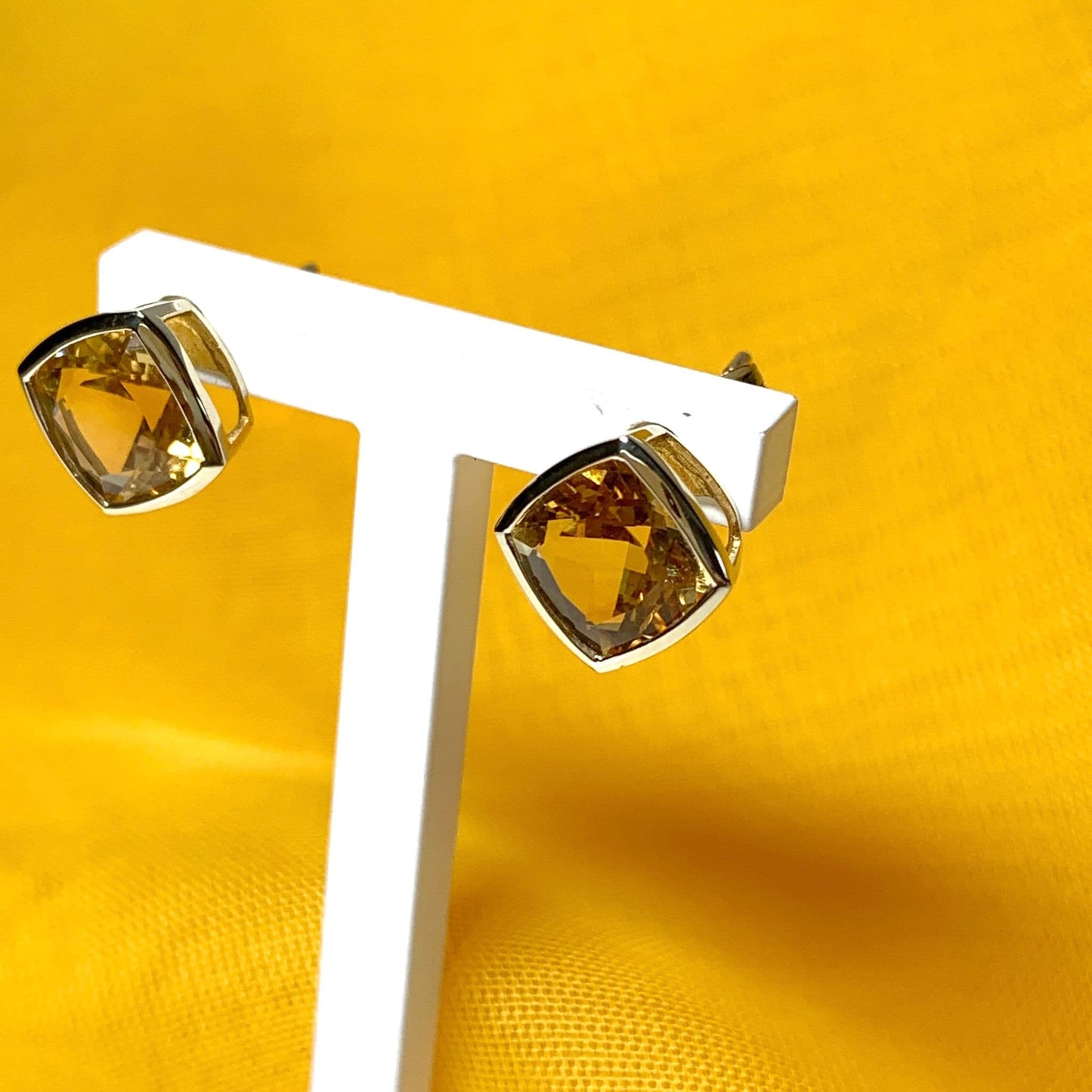 Large square cushion yellow citrine gold earrings