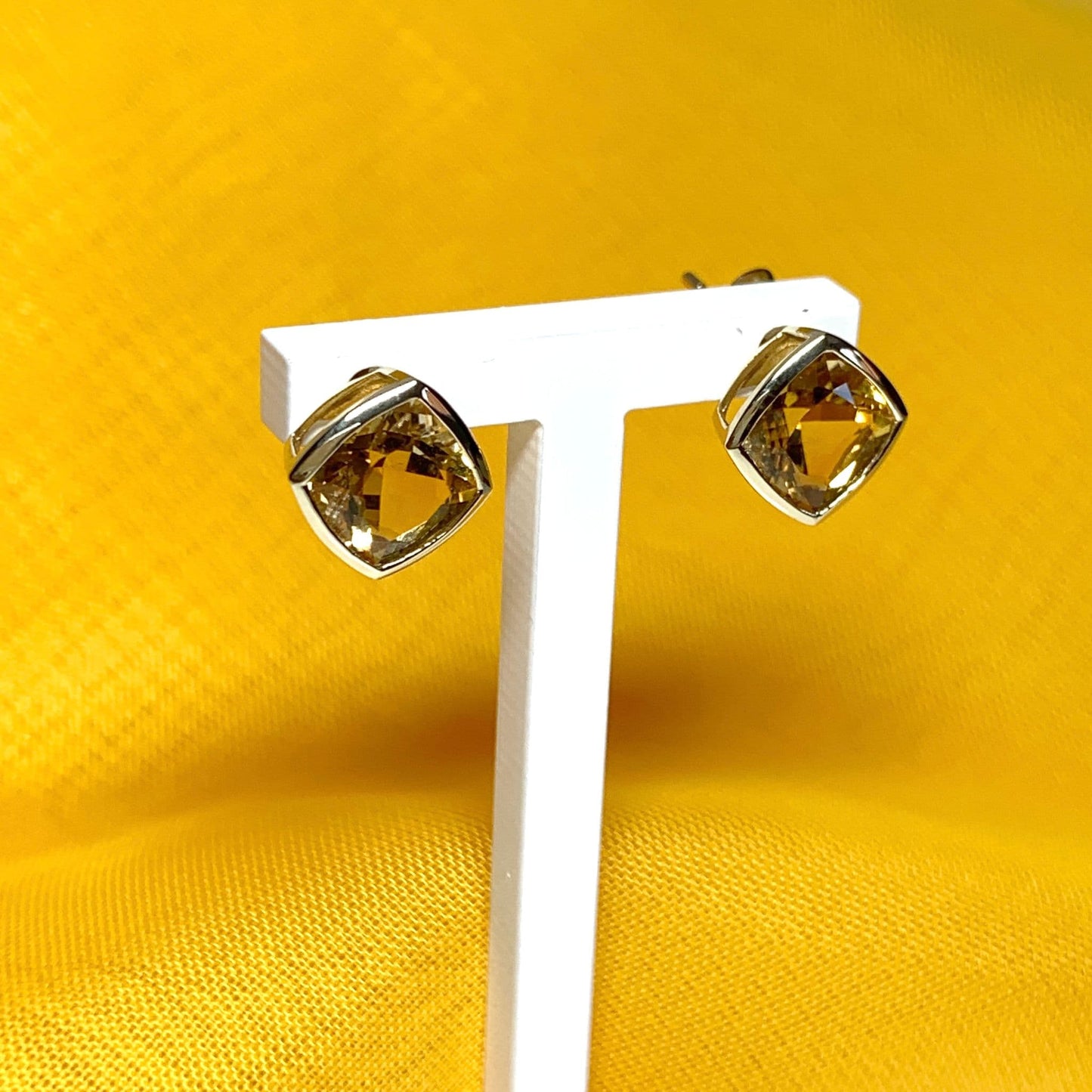 Large square cushion yellow citrine gold earrings