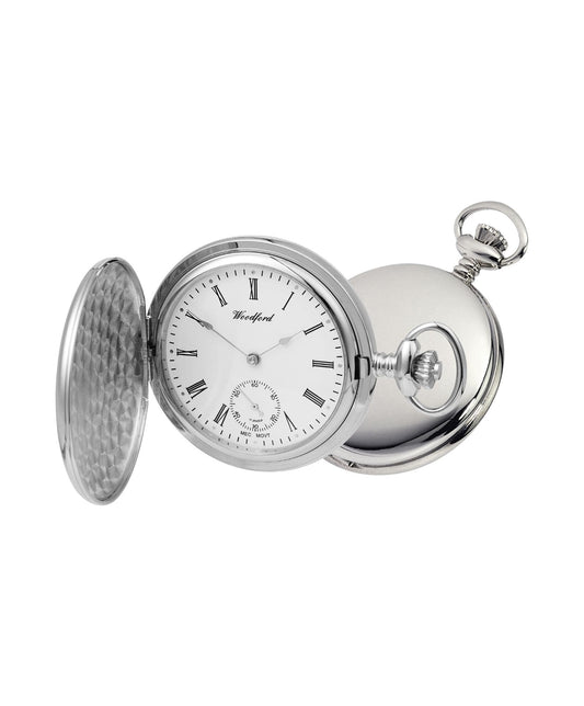 Mechanical Chrome Plated Full Hunter Polished Pocket Watch With Chain