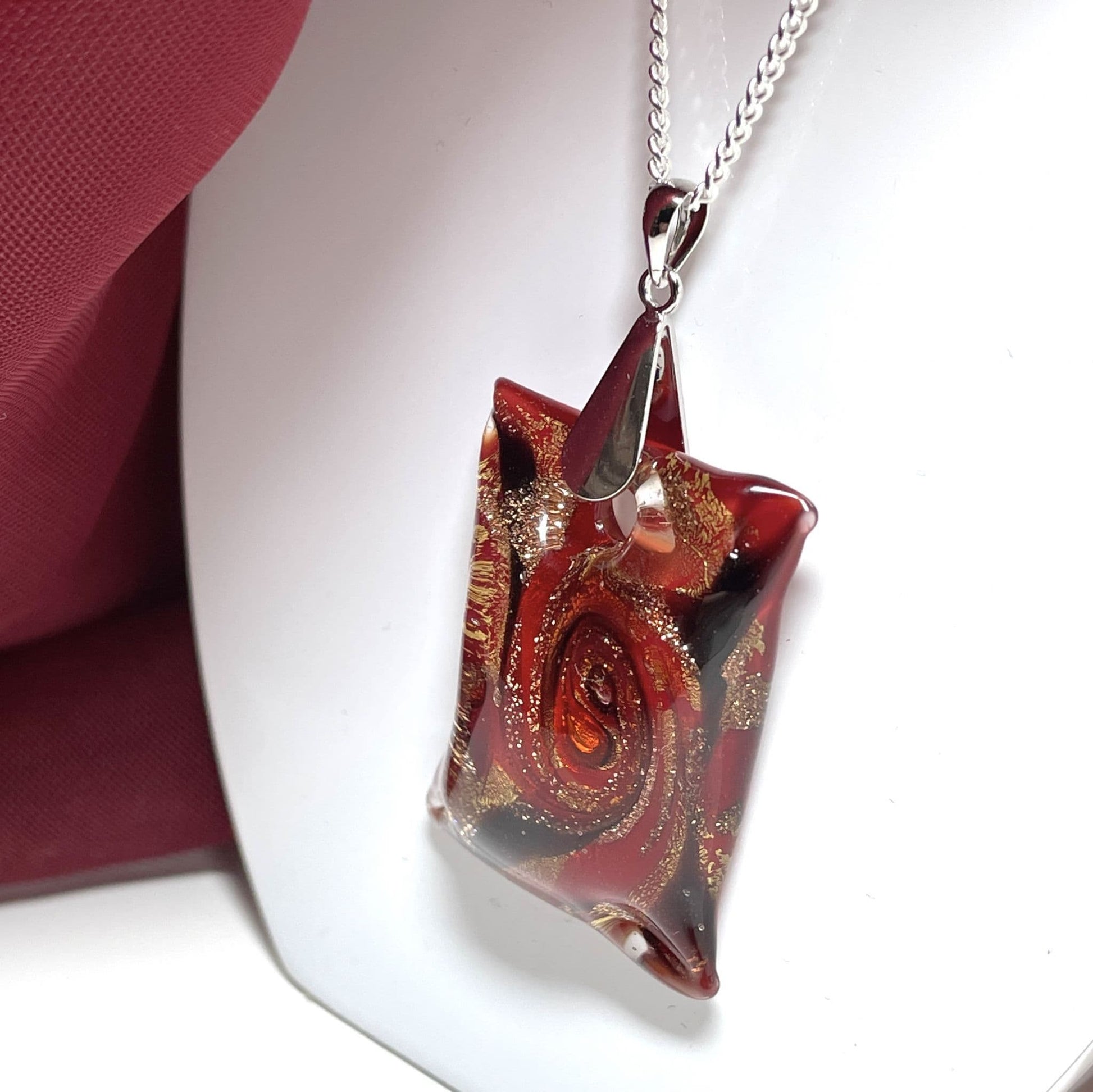 Murano glass deep red pillow shaped square necklace