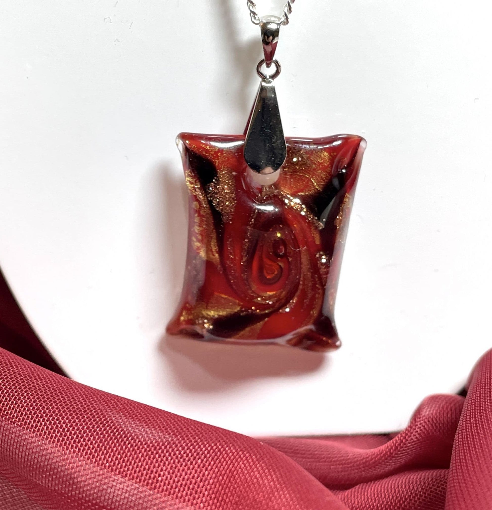Murano glass deep red pillow shaped square necklace