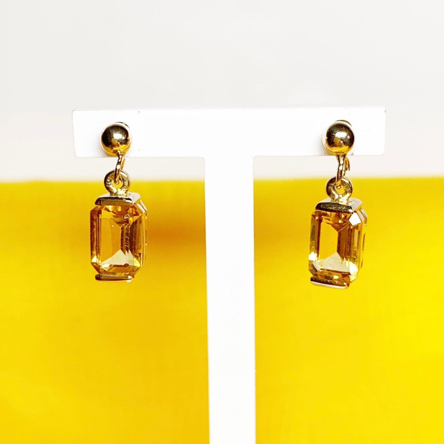 Octagonal yellow citrine gold drop earrings