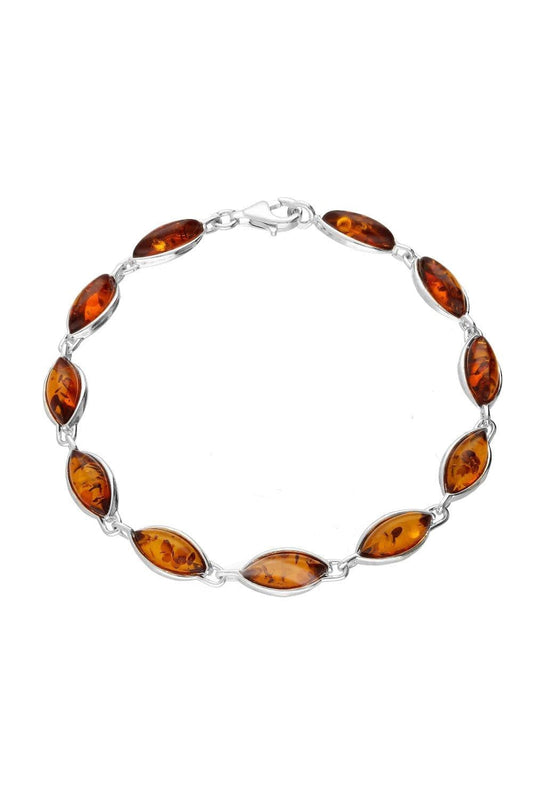 Orange coloured amber sterling silver marquise shaped bracelet