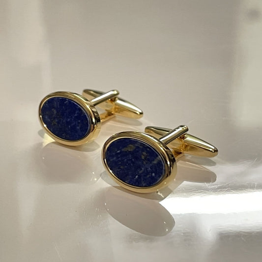Oval Blue Cuff Links Lapis Lazuli Gold Plated