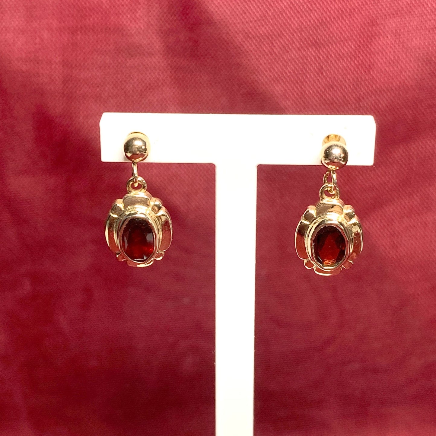 Garnet drop earrings oval picture framed yellow gold