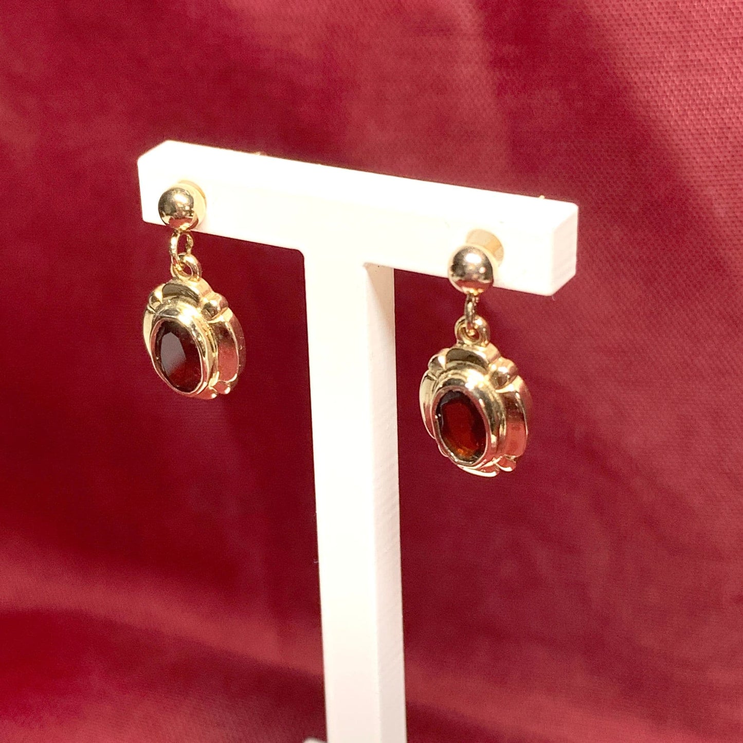 Garnet drop earrings oval picture framed yellow gold