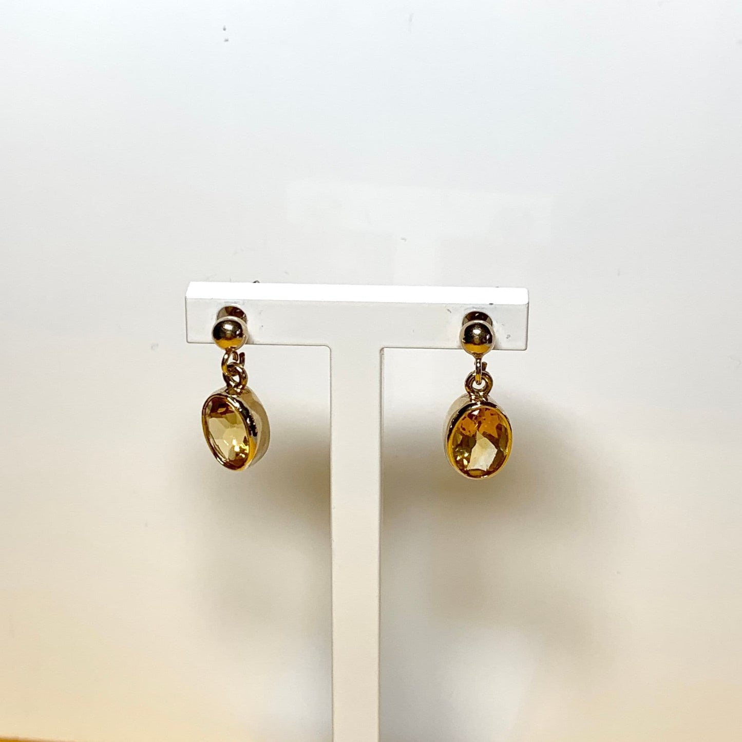 Oval yellow citrine gold drop earrings