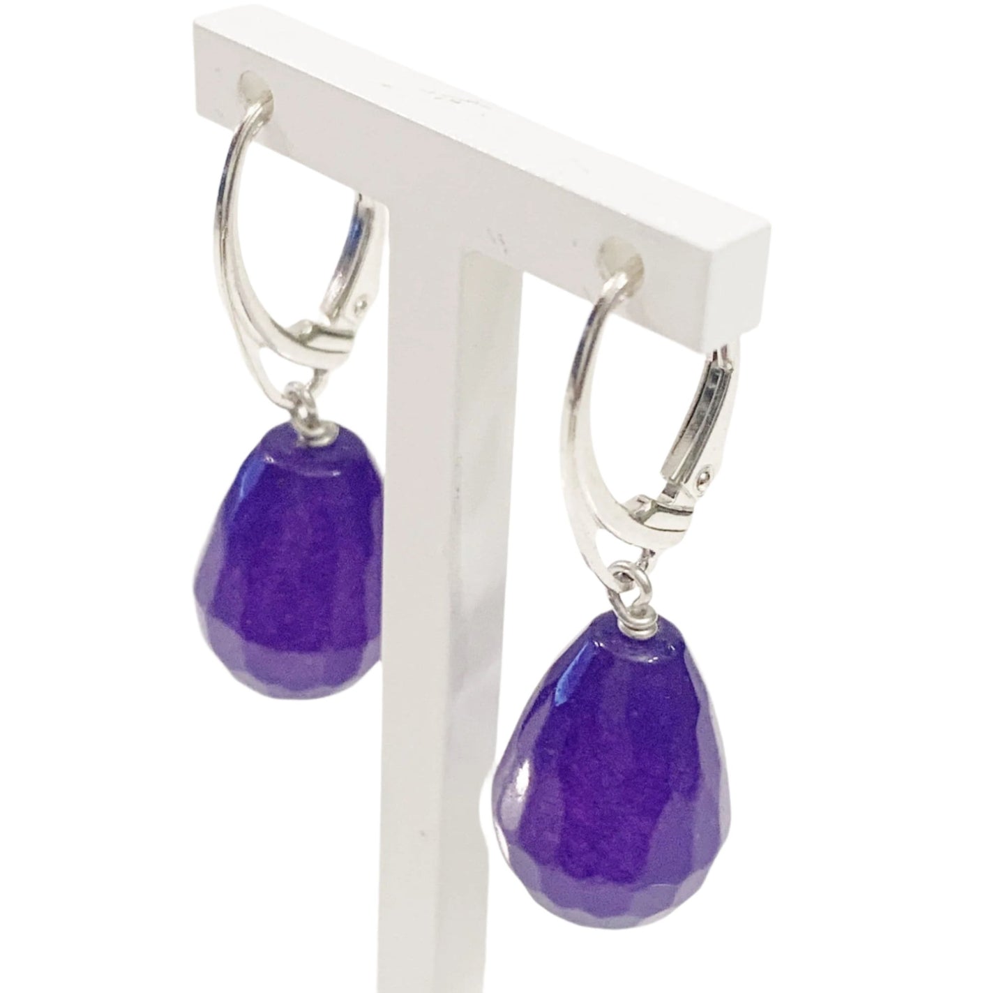 Purple Jade Teardrop Shaped Sterling Silver Drop Earrings