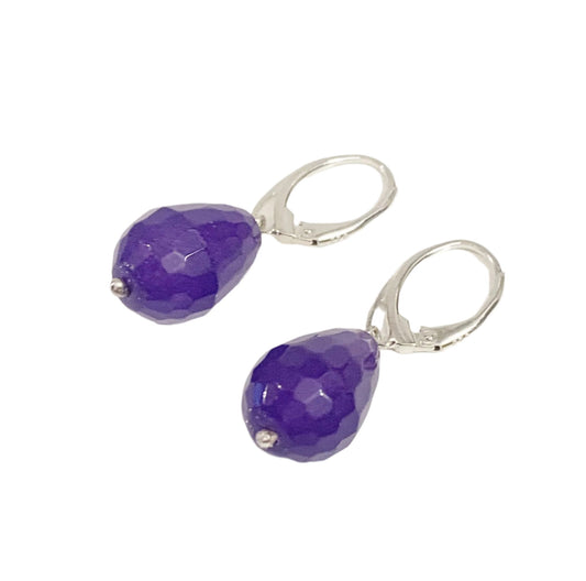 Purple Jade Teardrop Shaped Sterling Silver Drop Earrings