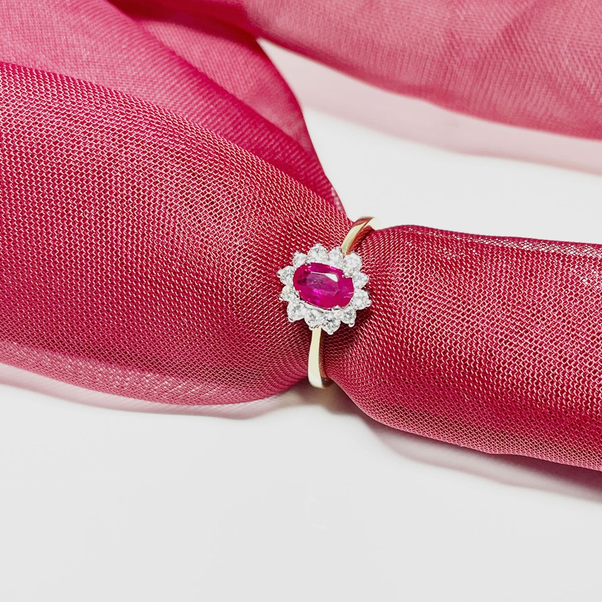 Oval Red Ruby and Diamond Yellow Gold Cluster Ring