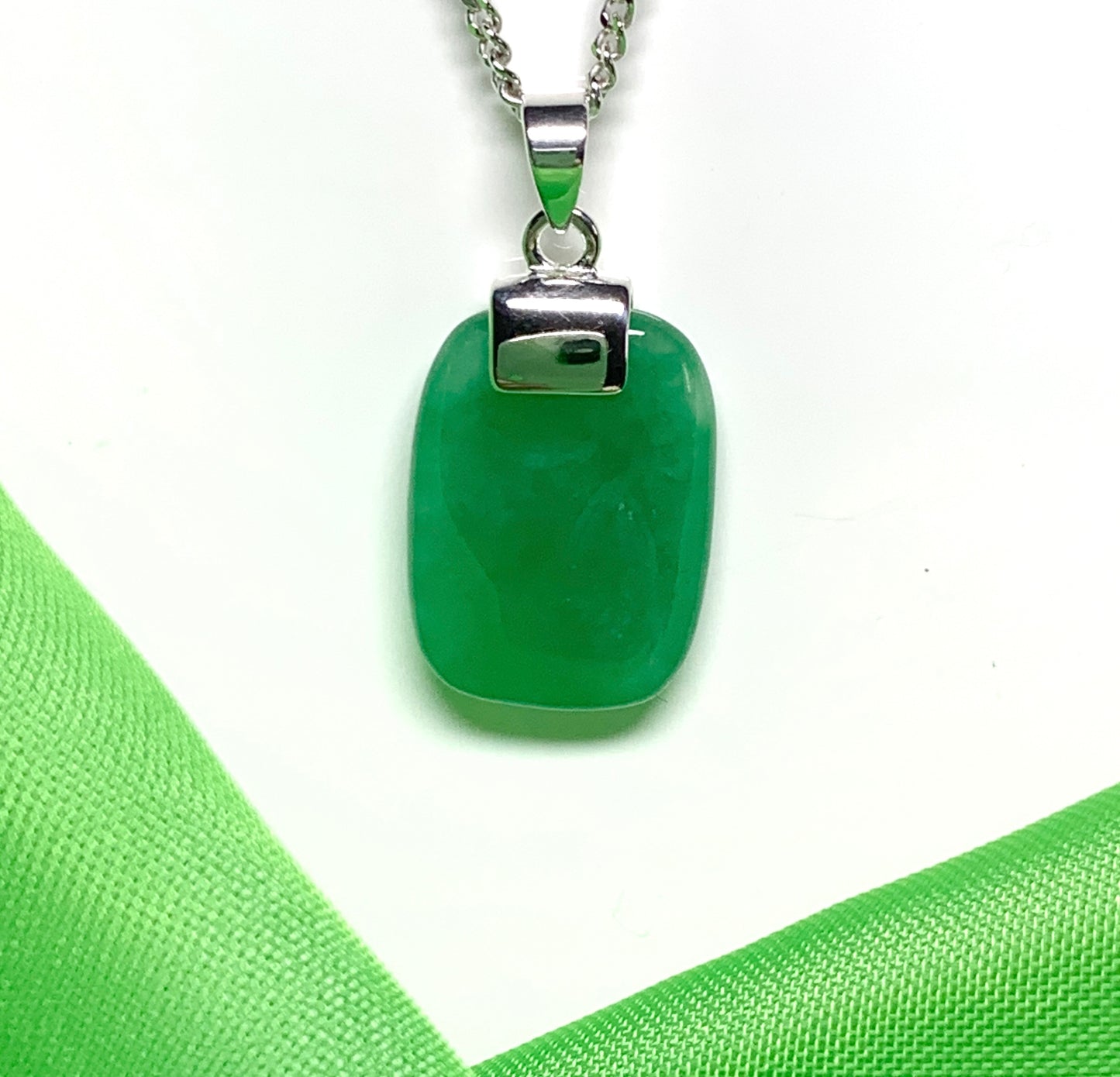 Real green jade pendant necklace cushion shaped sterling silver