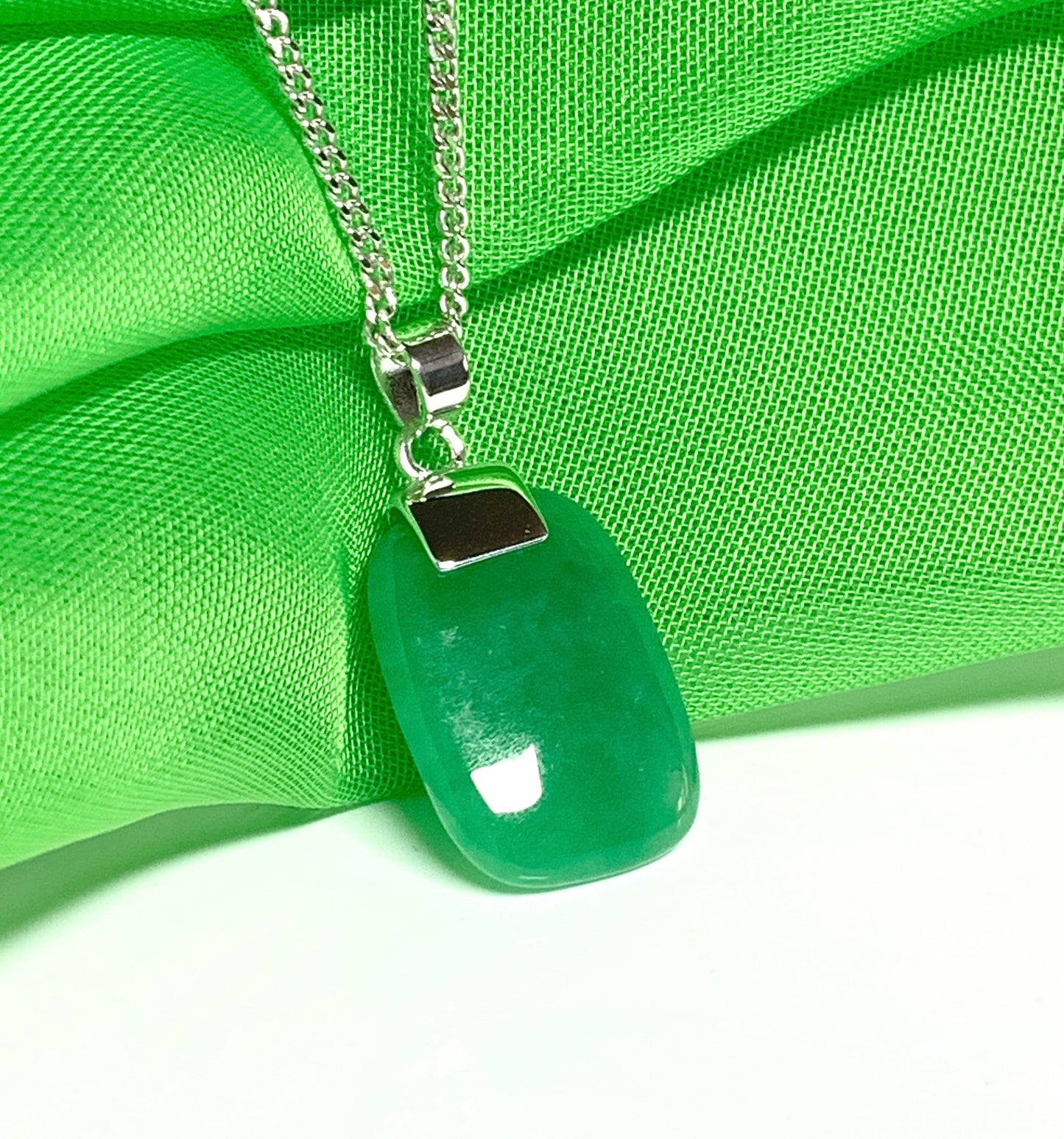 Real green jade pendant necklace cushion shaped sterling silver
