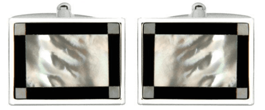 Rectangular shaped mother of pearl and onyx cufflink silver plated