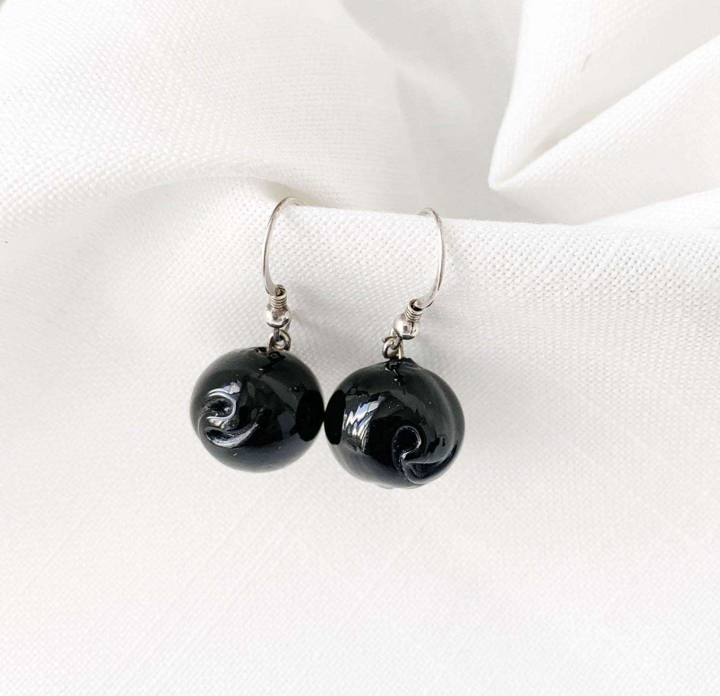 Rose Design Black Murano Glass Drop Earrings